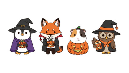 Halloween Critters: An adorable assortment of costumed animals ready for spooky fun, including a penguin, fox, guinea pig and owl, adorned with classic Halloween attire and decorations. 