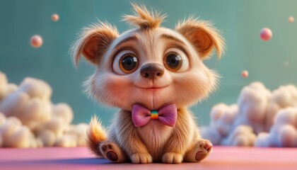 A charming puppy with big eyes and fluffy fur sits happily on a soft cloud. It wears a colorful bow tie and enjoys the warm sunshine in a whimsical sky.
