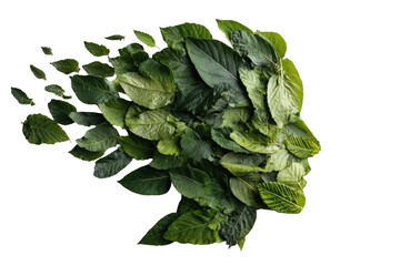 Green leaves form a stylized profile of a person's head