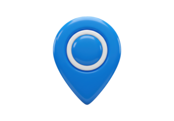 Isolated glossy blue 3D map pin icon with a white ring indicating location on a digital interface or navigation system