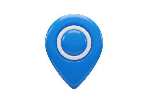 Isolated glossy blue 3D map pin icon with a white ring indicating location on a digital interface or navigation system
