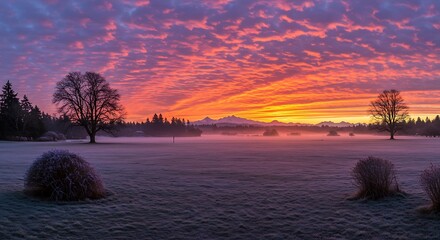 Vibrant sunset over tranquil landscape with trees and colorful sky