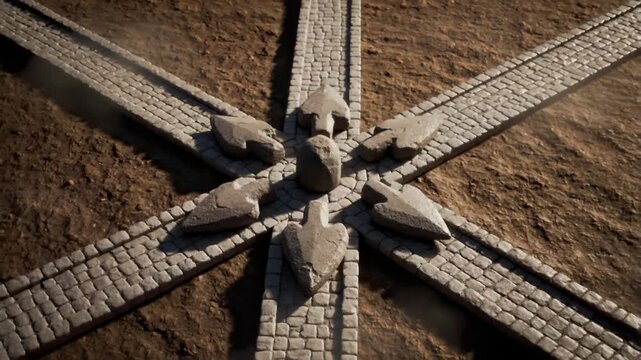 Stone Arrows Pointing Outward on Cobblestone Paths, Symbolic Direction Choice