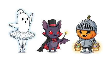 Enchanting Halloween Trio: A charming collection of Halloween characters, including a ghostly ballerina, a vampire, and a knight-like pumpkin, come to life in this captivating illustration.