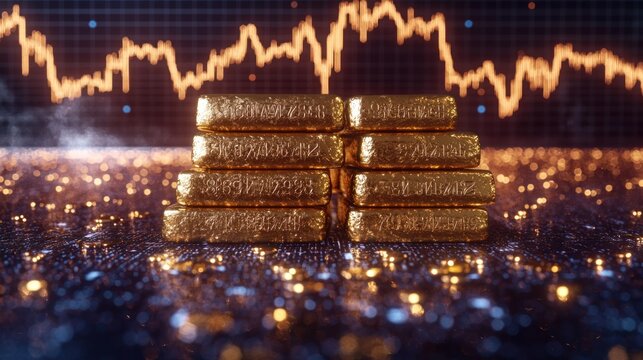 Golden bars stacked with stock chart backdrop on glittering circuit board