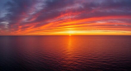 Vibrant sunset panorama over the ocean with colorful clouds and horizon