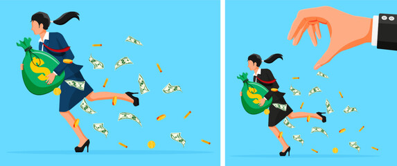 Woman running with money bag losing cash, her earnings taken by a large hand. Financial concept of high tax, theft, or salary deduction.