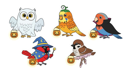 Halloween Birds: Adorable illustrations of various bird species dressed up for Halloween, each carrying a festive pumpkin lantern. The image showcases a sense of whimsy and holiday cheer.