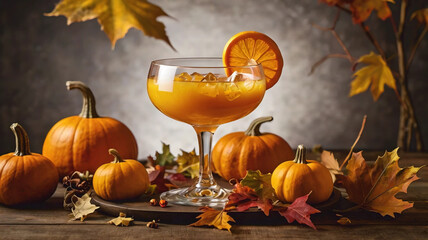 Thanks giving autumn alcohol drink cocktail beverage with pumpkins and leaves.