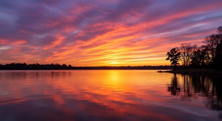 Vibrant sunset reflects on calm water with trees silhouette landscape