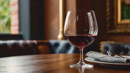 Glass of wine at dining table.