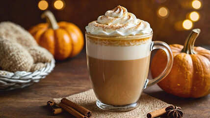 Pumpkin spice latte in a glass mug.