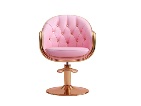 Pink, tufted barber chair with gold accents