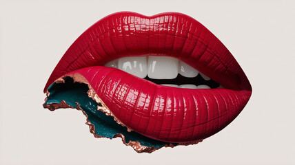 Sensual red lips biting into abstract art with gold trim