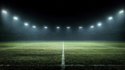 Illuminated Empty Football Field Under Dramatic Night Sky