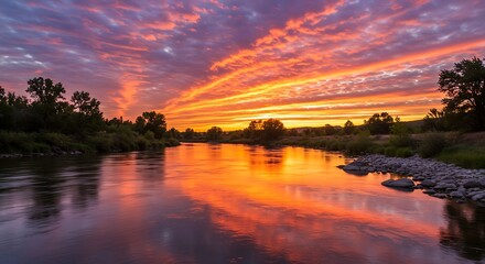 Vibrant sunset sky over a calm river with trees silhouettes