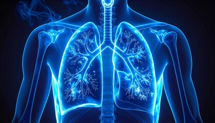 3D medical illustration of human lungs in glowing blue x-ray style, detailed bronchial tubes and ribcage visible, isolated on dark background, futuristic healthcare anatomy visualization