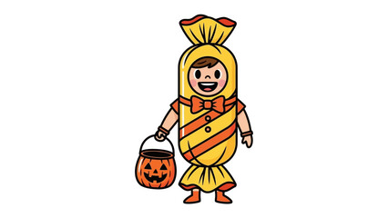 Candy Costume: A young person dressed in a candy costume, trick-or-treating with a jack-o'-lantern bucket during a lively Halloween celebration.