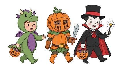 Halloween Fantasy Trio: Charming illustrations capture the spirit of Halloween with three children adorned in whimsical costumes. A dragon, a pumpkin knight.