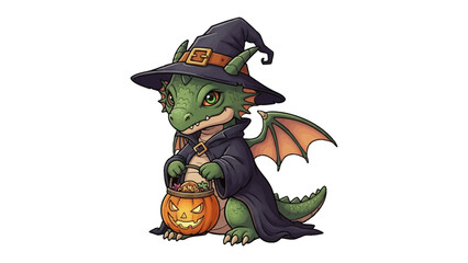 Dragon in a witch's hat: A friendly dragon, dressed in a witch's hat, with a cheerful expression holding a carved pumpkin, perfect for Halloween celebrations.