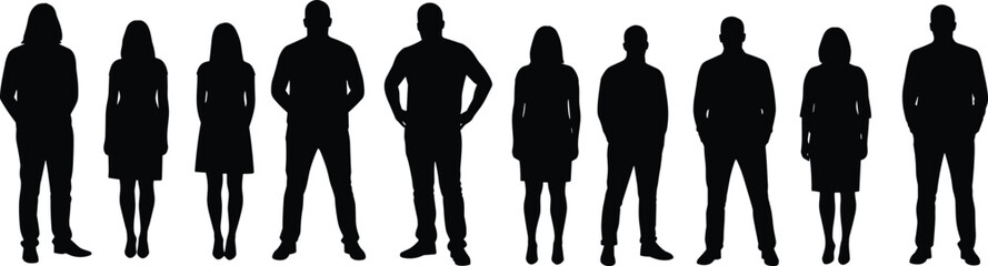 Group of Diverse Standing People Silhouettes, Full-Length Vector Illustration, Men and Women, Various Poses, Adults in Casual and Formal Clothes, Graphic Element.