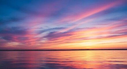 Vibrant sunset sky over calm water creating a tranquil and colorful scene