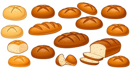 Variety of freshly baked bread loaves and rolls isolated on white background