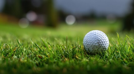 Obraz premium Close-up of Golf Ball on Green Grass in Outdoor Golf Course Landscape