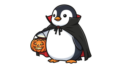 Halloween Penguin in Costume: A cute cartoon penguin dons a vampire cape and carries a carved jack-o'-lantern, perfect for spooky season fun!