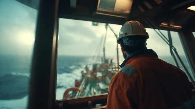 Seafarer Navigating Rough Seas: A seasoned seafarer gazes out from the bridge of a ship, braving a stormy sea, embodying resilience and seamanship amid crashing waves.