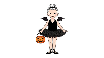 Halloween Ballerina: A charming ballerina embraces the spirit of Halloween with an animated portrayal, garbed in a black tutu and bat wings, while playfully holding a jack-o'-lantern bucket.