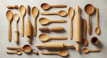 Wooden kitchen utensils collection arranged on a white surface overhead view