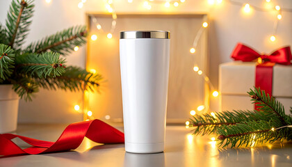 White tumbler with Christmas decorations and lights.