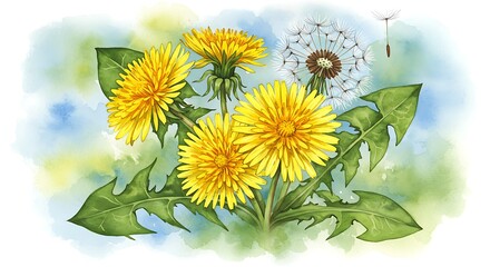 Watercolor illustration of dandelions in bloom and seedhead on white background