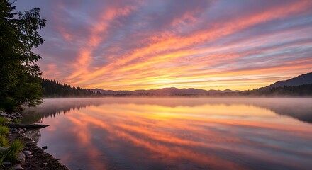 Vibrant sunset sky over tranquil lake reflecting colorful clouds and mountains