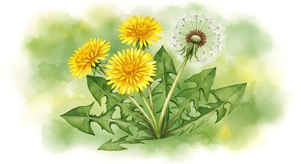 Watercolor illustration of dandelions with yellow blooms and seed head