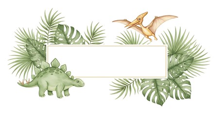 Watercolor illustration of dinosaurs and tropical leaves with blank space