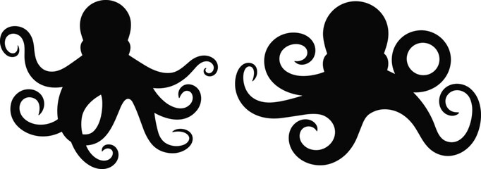 Obraz premium Octopus silhouette, marine animal icon, sea creature design, curling tentacles, black vector, underwater theme, flat vector illustration, ocean wildlife graphic