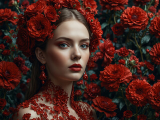 Intricate Red Floral Accessories in a Cinematic Fantasy Wonderland