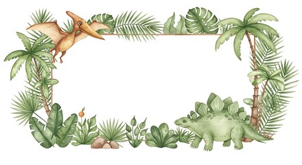 Watercolor illustration of dinosaurs and tropical plants with copy space