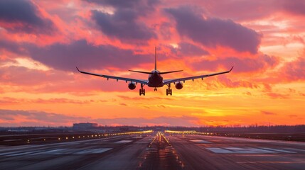 Naklejka premium An airplane approaches to land on a runway as the sun sets painting the sky with warm colors. The scene captures the beauty of travel and transition at dusk.