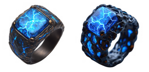 Closeup views of a dark, gothicstyle ring with a vibrant blue lightningpatterned gemstone isolated on transparent background