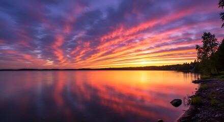 Vibrant sunset sky reflecting on calm water landscape with colorful clouds