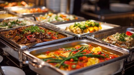 A buffet displays an array of dishes including meats vegetables and grains attractively arranged for guests at a vibrant restaurant. The atmosphere is lively and inviting.
