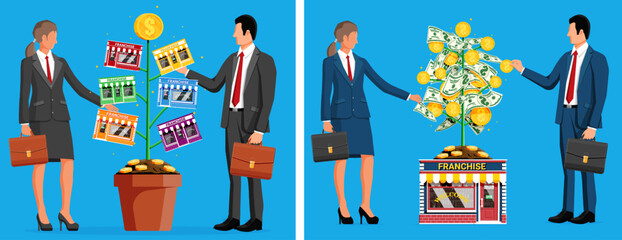 Woman and man choosing franchise business type plan. Businessmen picking up franchise shop from money tree. Buying and investing in franchise concept.
