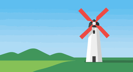 Fototapeta premium A stylized windmill stands in a green field under a blue sky.