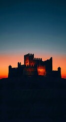 Obraz premium Haunting Fortress at Dusk: Moody Cinematic Lighting, Eerie Silhouette, Twilight Sky ??
