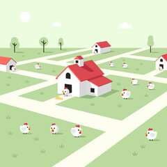 Cartoon houses on a grid with small figures scattered around.