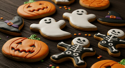 Halloween cookies shaped like pumpkins, ghosts, and skeletons