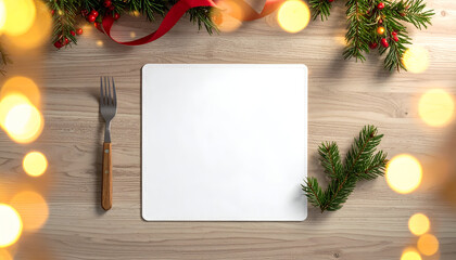 Festive Christmas table setting with blank plate, fork, and decorations on a wooden surface.